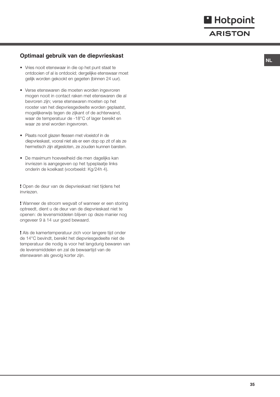 Optimaal gebruik van de diepvrieskast | Hotpoint Ariston Doppia Porta BDZ M 330 IX-HA User Manual | Page 35 / 72