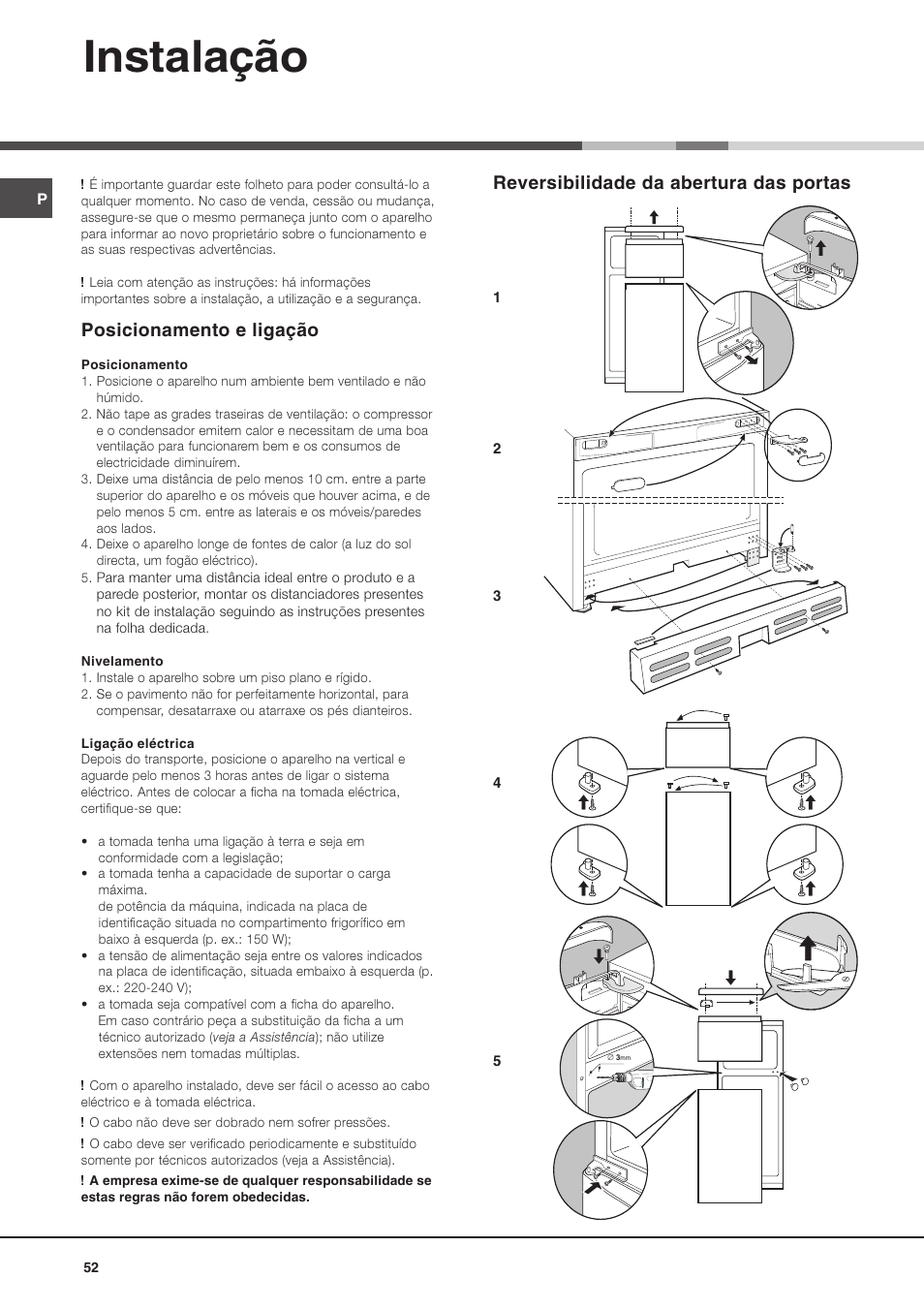 Instalação, Reversibilidade da abertura das portas, Posicionamento e ligação | Hotpoint Ariston Doppia Porta BDZ M 330 IX-HA User Manual | Page 52 / 72