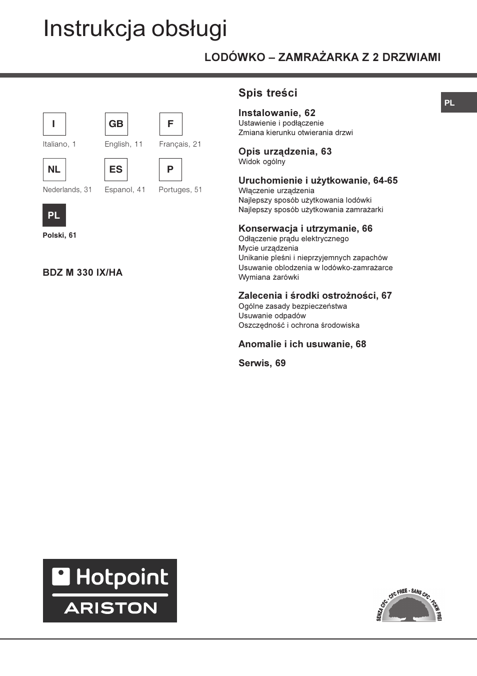 Instrukcja obs³ugi, Lodówko  zamra¯arka z 2 drzwiami, Spis treci | Hotpoint Ariston Doppia Porta BDZ M 330 IX-HA User Manual | Page 61 / 72