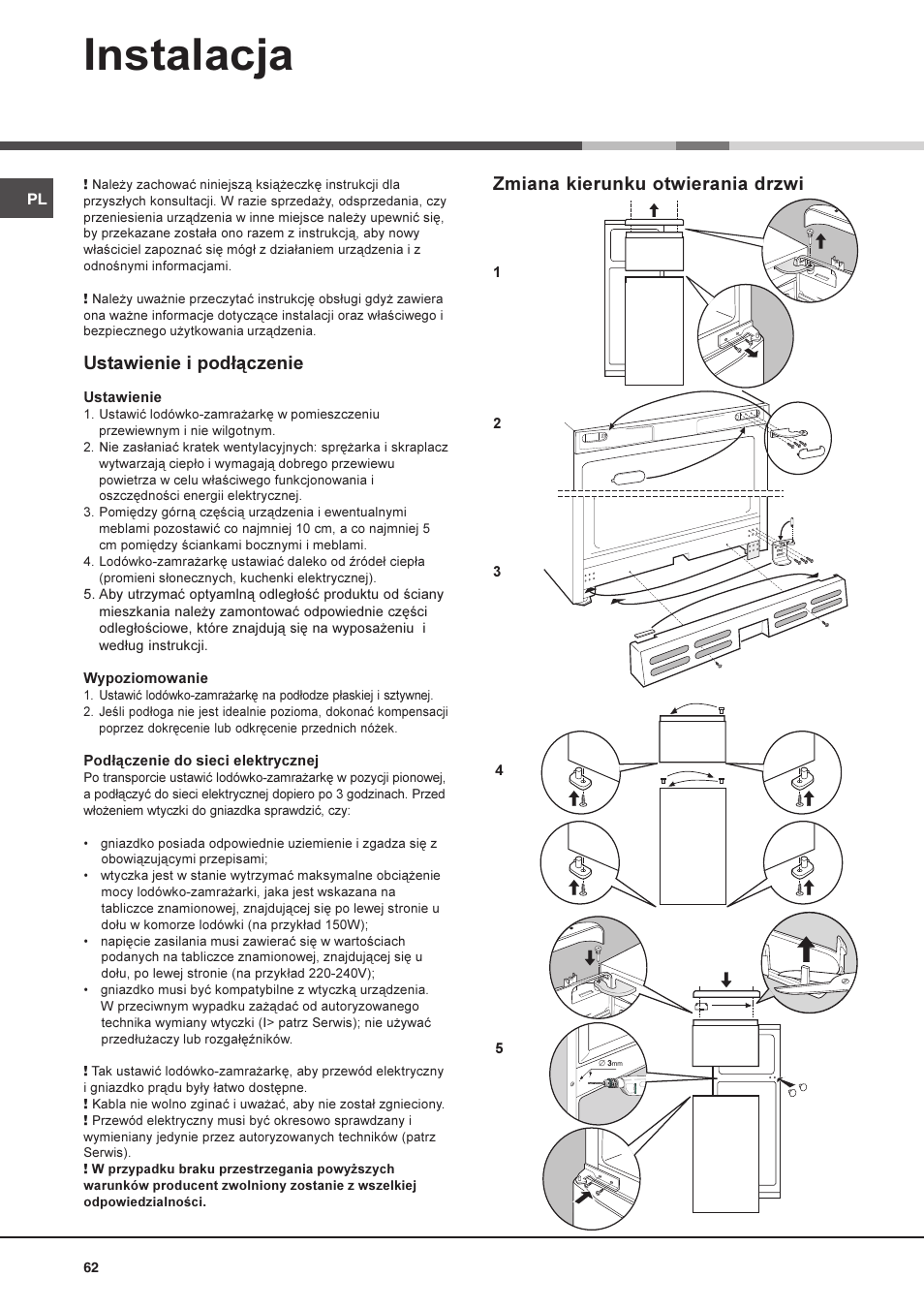 Instalacja, Zmiana kierunku otwierania drzwi, Ustawienie i pod³¹czenie | Hotpoint Ariston Doppia Porta BDZ M 330 IX-HA User Manual | Page 62 / 72