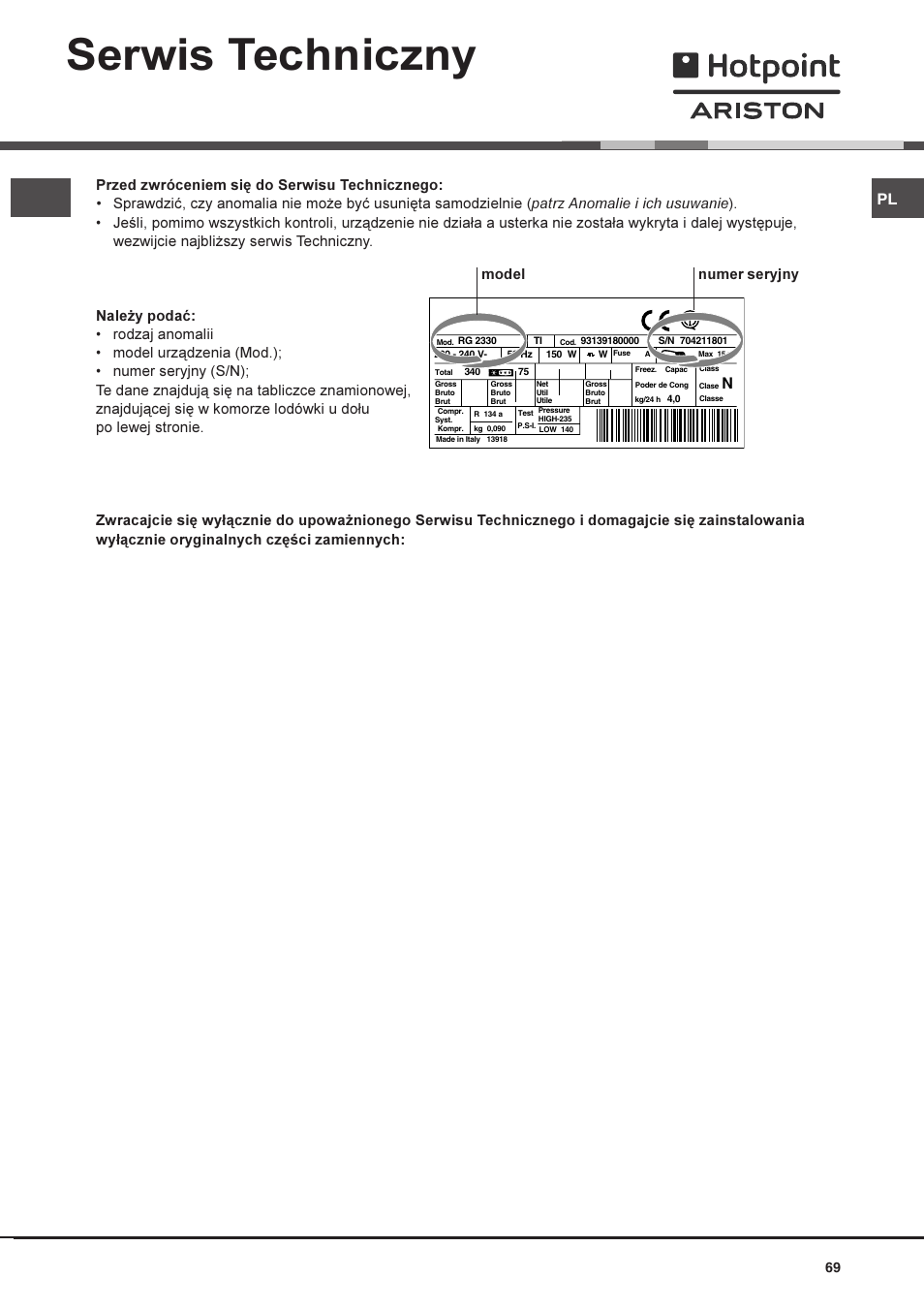 Serwis techniczny, Model numer seryjny | Hotpoint Ariston Doppia Porta BDZ M 330 IX-HA User Manual | Page 69 / 72