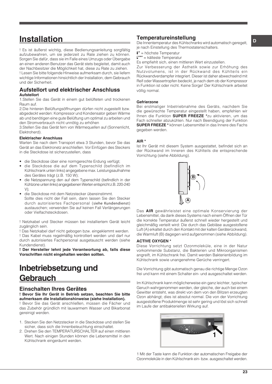 Installation, Inbetriebsetzung und gebrauch, Aufstellort und elektrischer anschluss | Einschalten ihres gerätes, Temperatureinstellung | Hotpoint Ariston BCB 3xx AA xx User Manual | Page 23 / 48