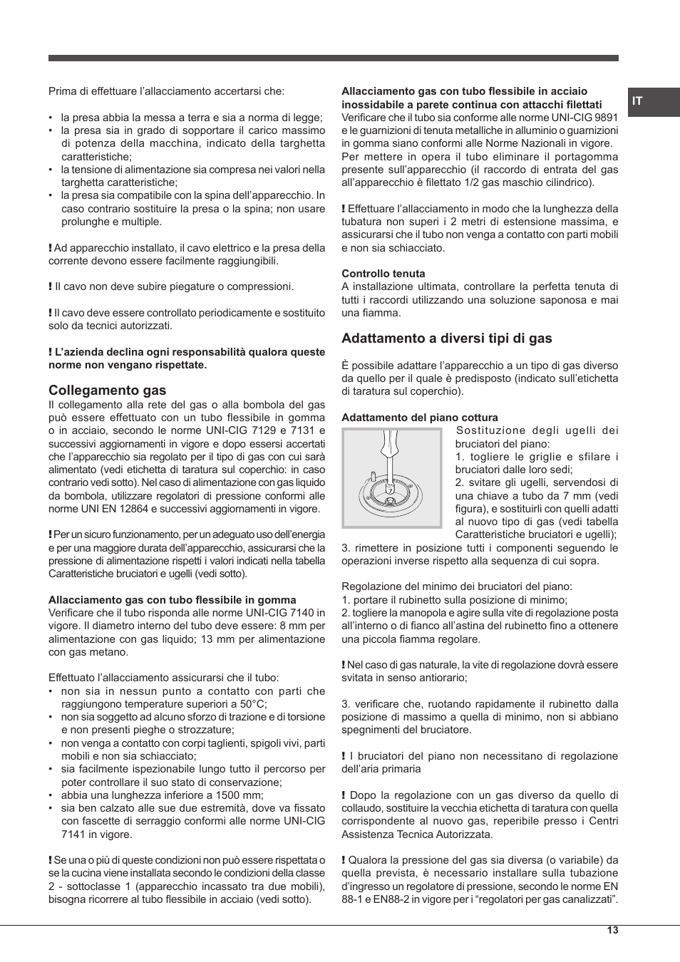 Collegamento gas, Adattamento a diversi tipi di gas | Hotpoint Ariston CP77SP2-HA S User Manual | Page 13 / 64