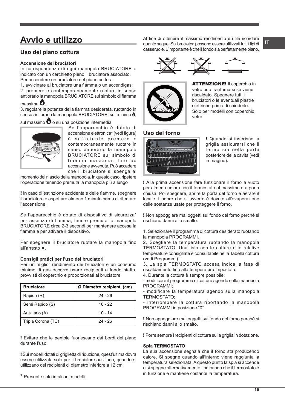 Avvio e utilizzo, Uso del piano cottura, Uso del forno | Hotpoint Ariston CP77SP2-HA S User Manual | Page 15 / 64