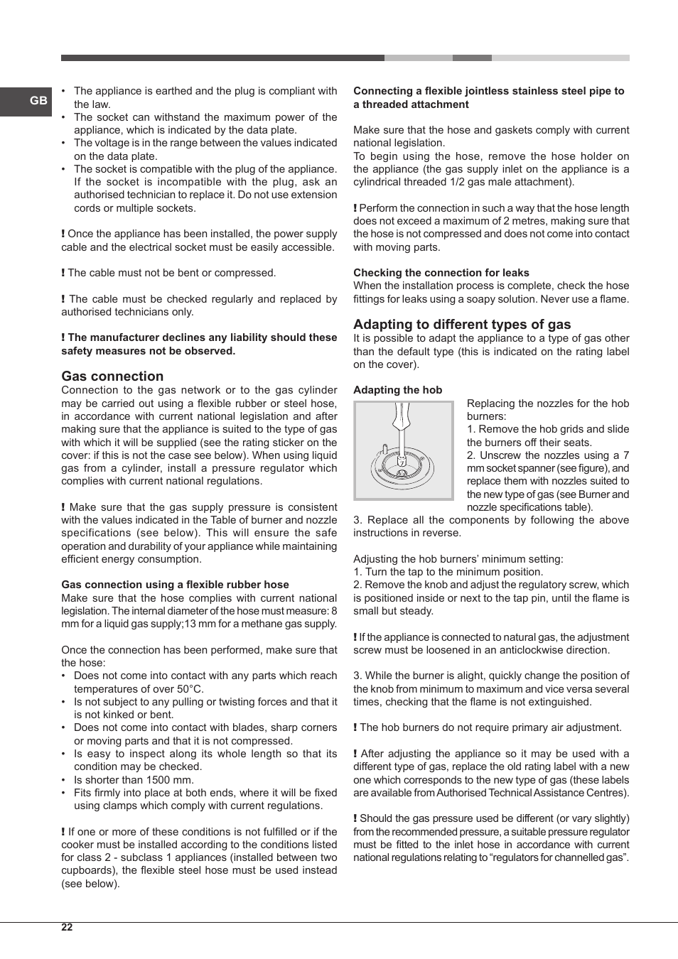Gas connection, Adapting to different types of gas | Hotpoint Ariston CP77SP2-HA S User Manual | Page 22 / 64