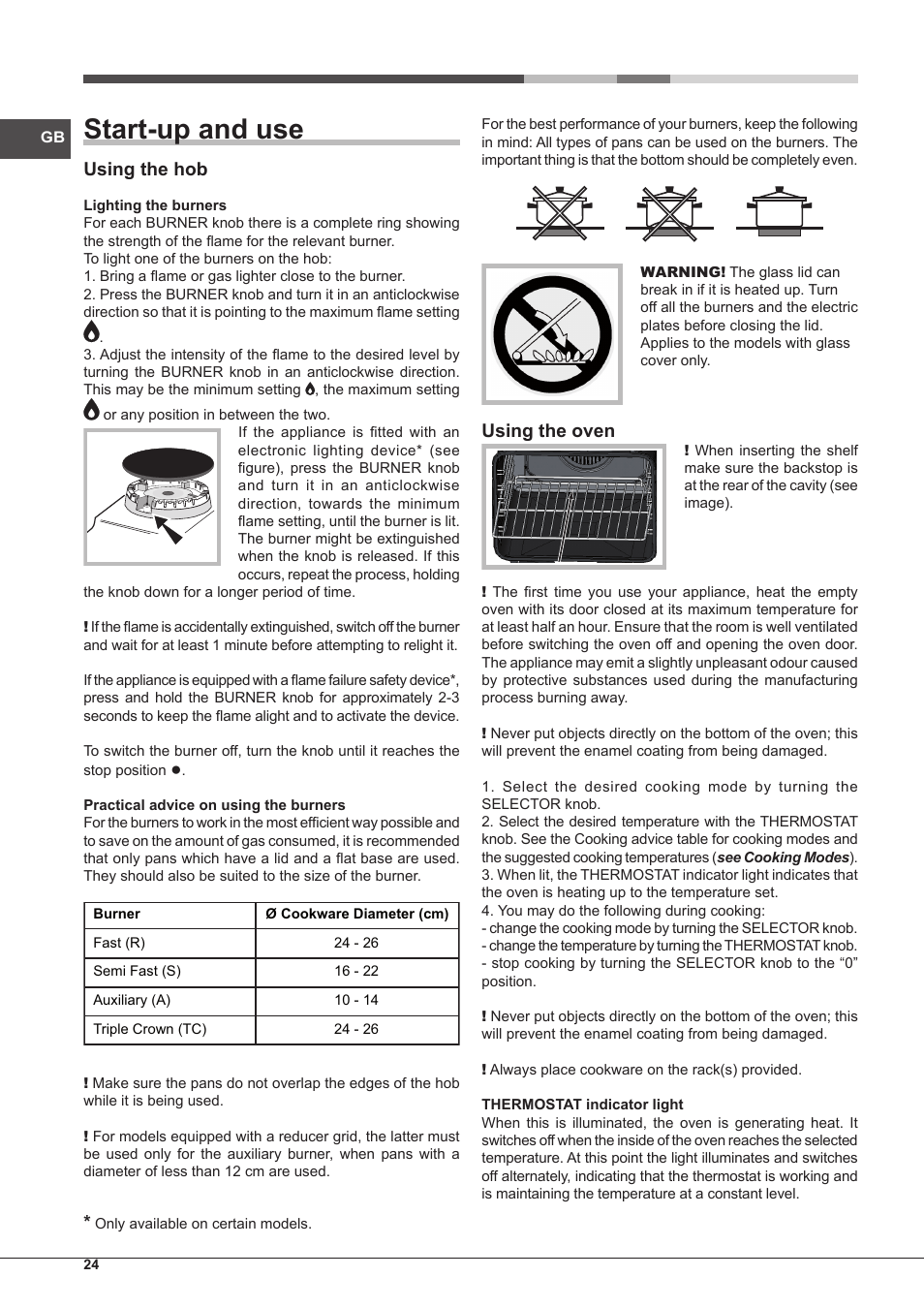 Start-up and use, Using the hob, Using the oven | Hotpoint Ariston CP77SP2-HA S User Manual | Page 24 / 64