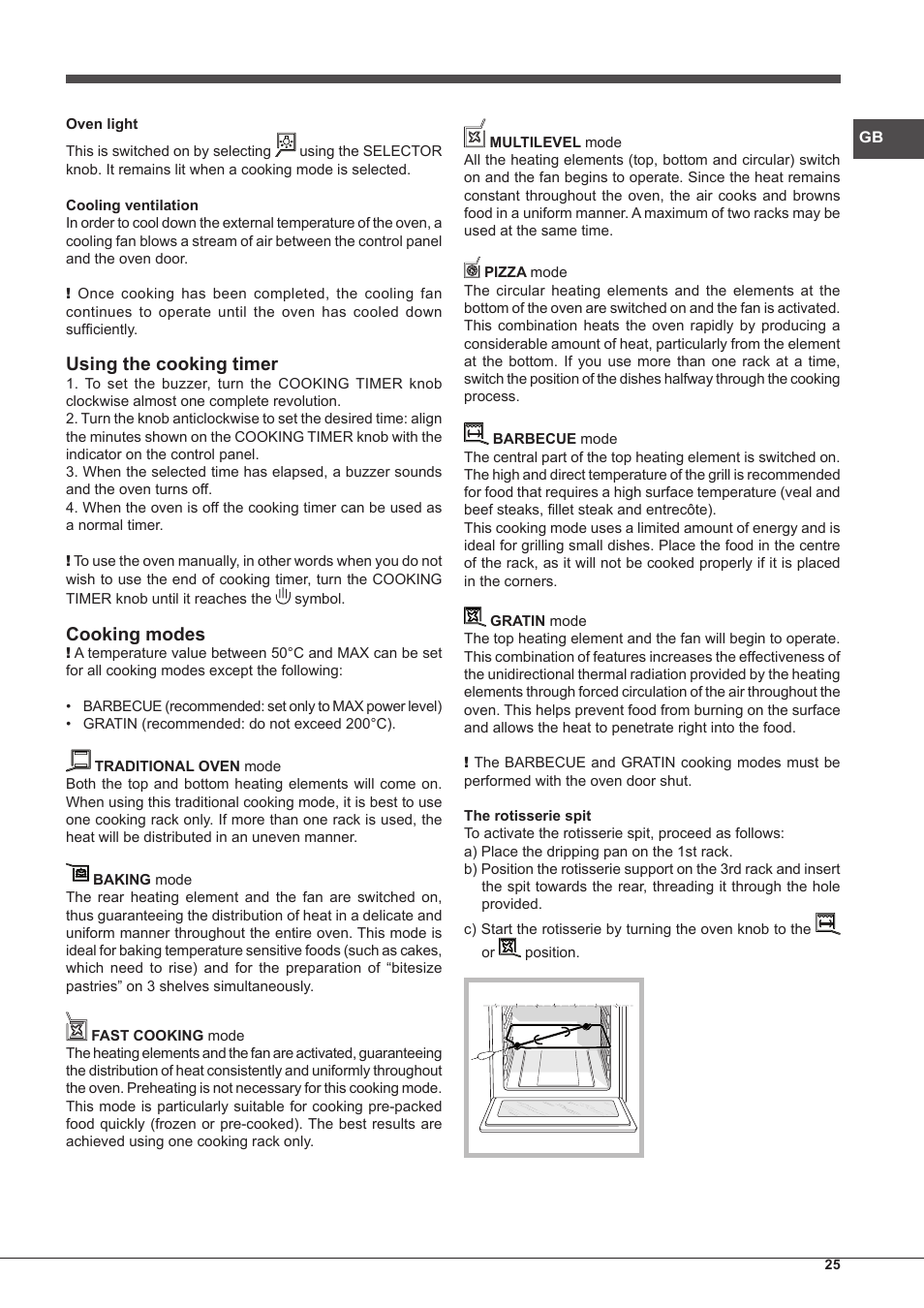 Using the cooking timer, Cooking modes | Hotpoint Ariston CP77SP2-HA S User Manual | Page 25 / 64