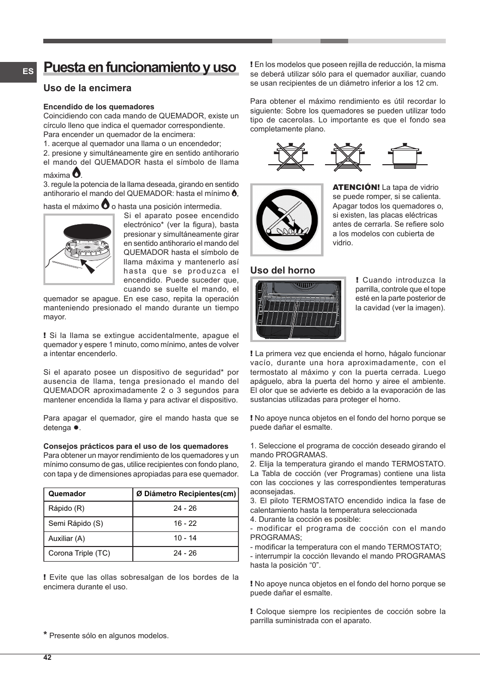 Puesta en funcionamiento y uso, Uso de la encimera, Uso del horno | Hotpoint Ariston CP77SP2-HA S User Manual | Page 42 / 64