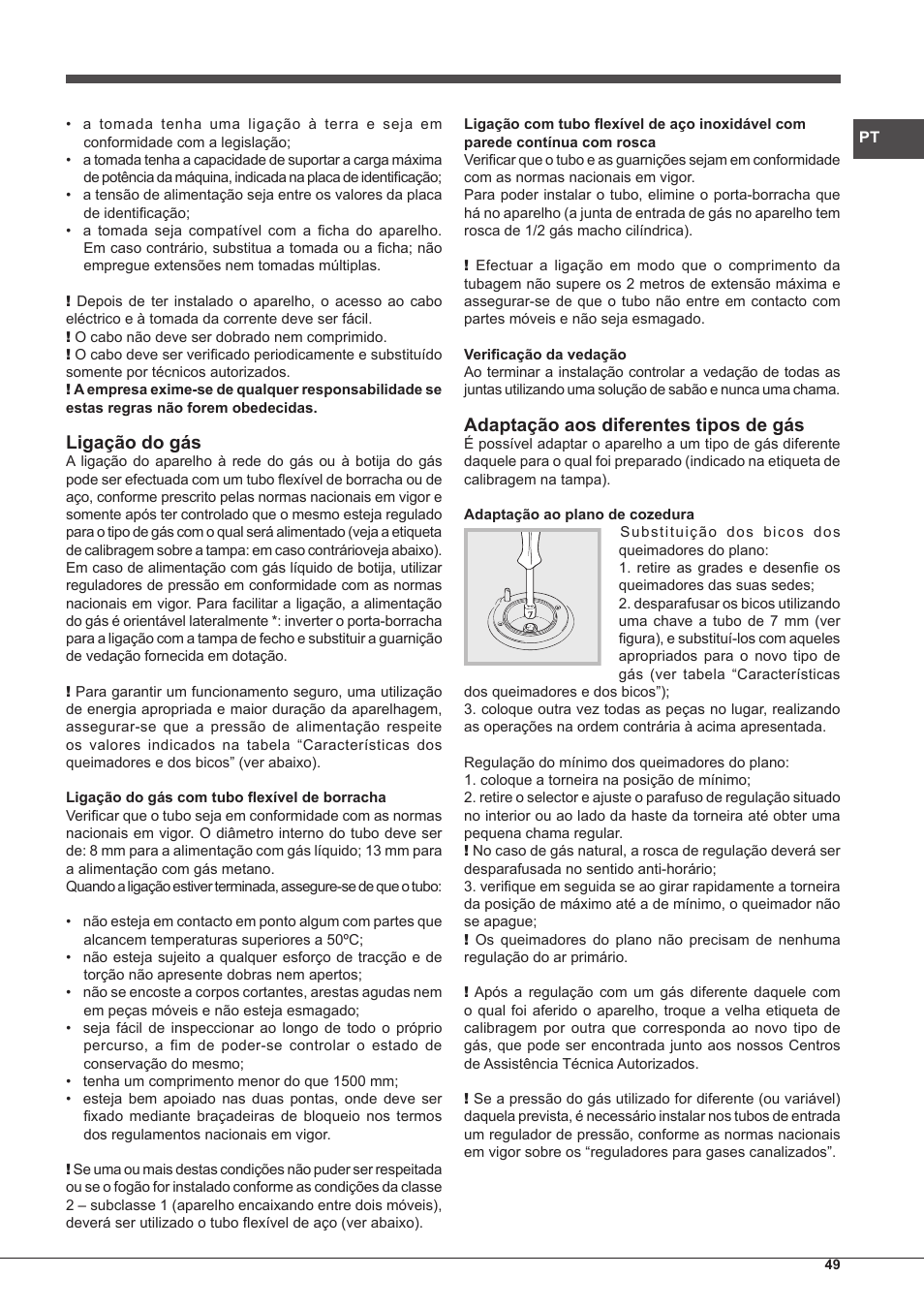 Ligação do gás, Adaptação aos diferentes tipos de gбs | Hotpoint Ariston CP77SP2-HA S User Manual | Page 49 / 64