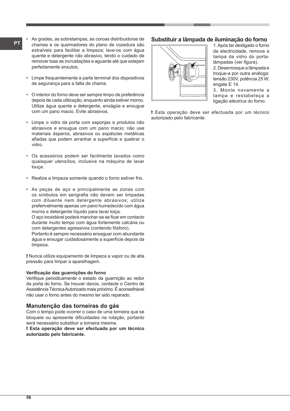 Manutenção das torneiras do gás, Substituir a lâmpada de iluminação do forno | Hotpoint Ariston CP77SP2-HA S User Manual | Page 56 / 64