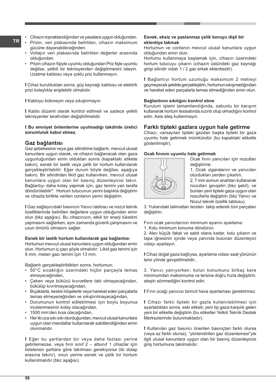 Gaz bağlantısı, Farklı tipteki gazlara uygun hale getirme | Hotpoint Ariston CP77SP2-HA S User Manual | Page 58 / 64