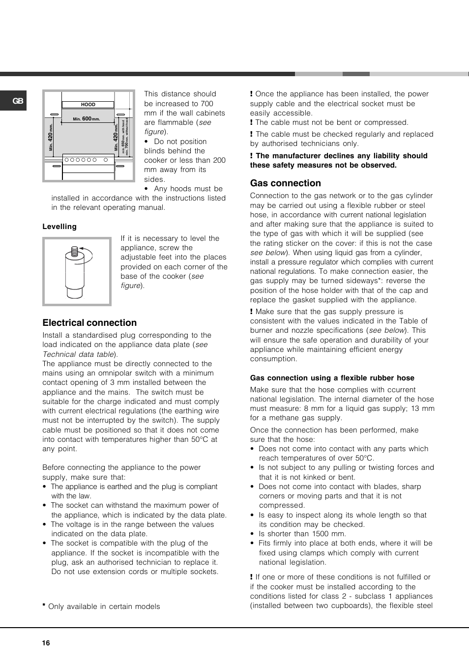 Electrical connection, Gas connection | Hotpoint Ariston CP77SG1-HA User Manual | Page 16 / 76