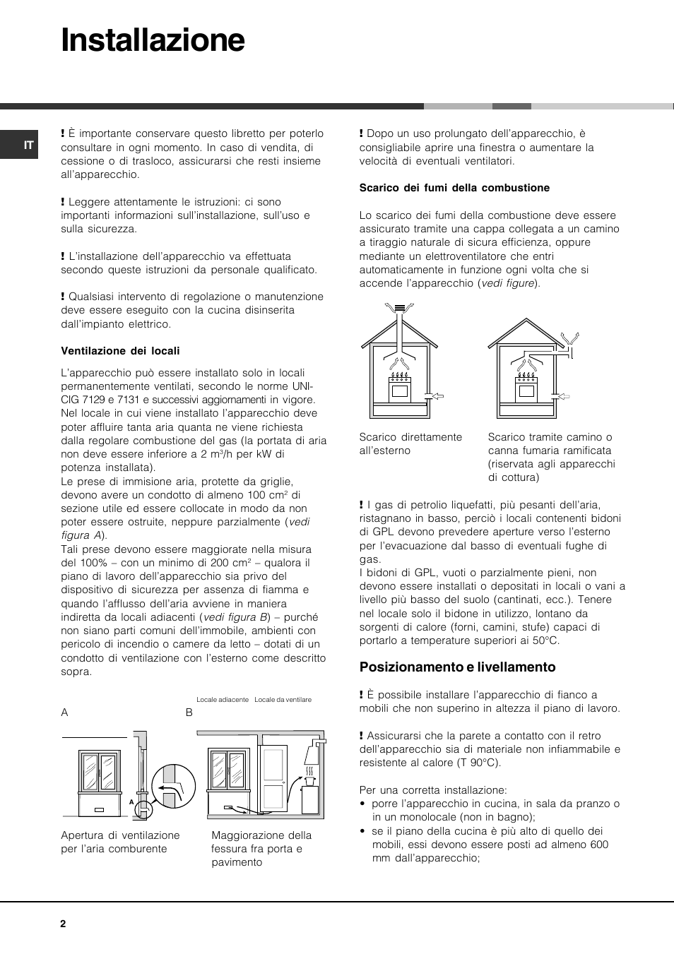Installazione, Posizionamento e livellamento | Hotpoint Ariston CP77SG1-HA User Manual | Page 2 / 76