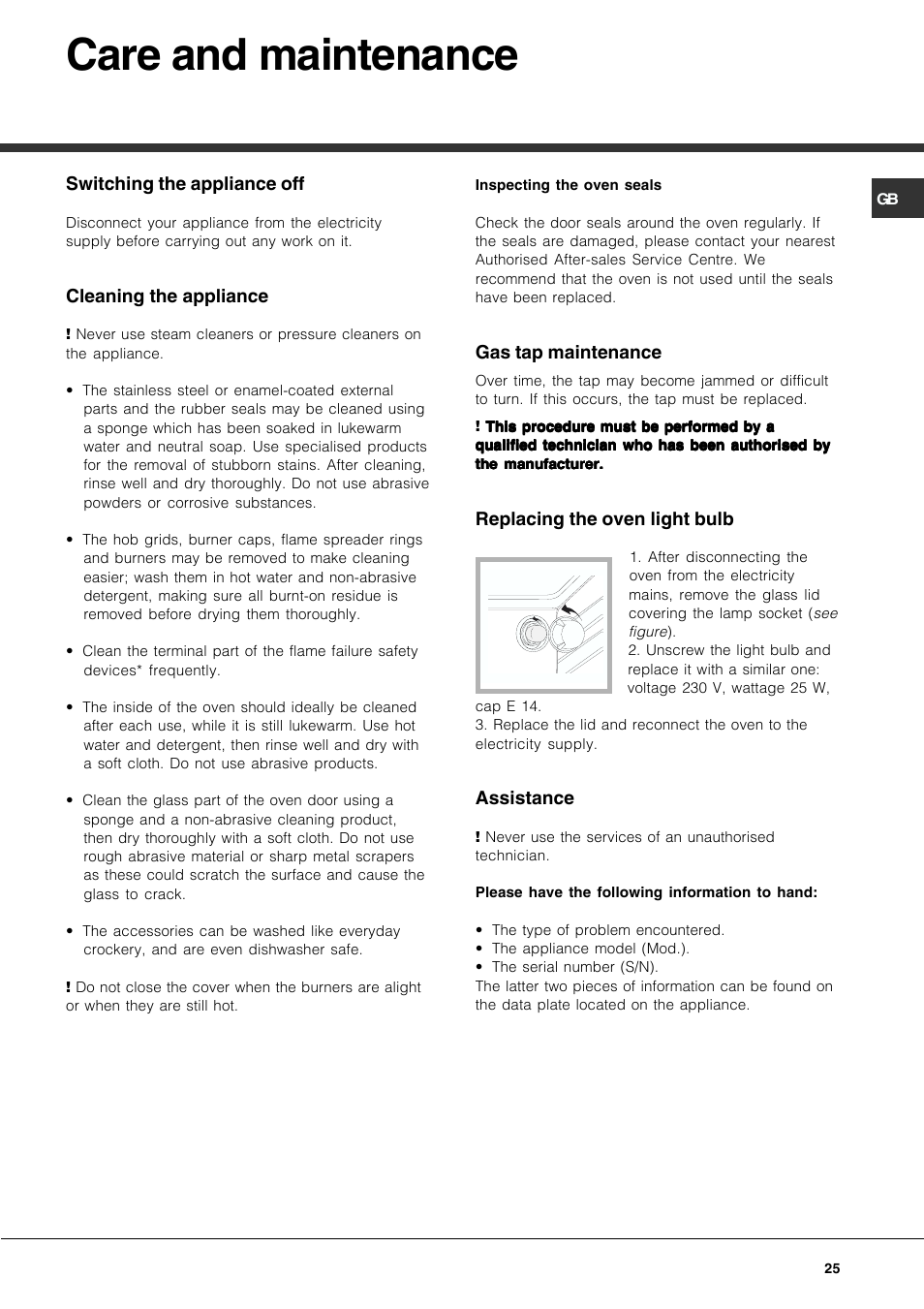 Care and maintenance | Hotpoint Ariston CP77SG1-HA User Manual | Page 25 / 76