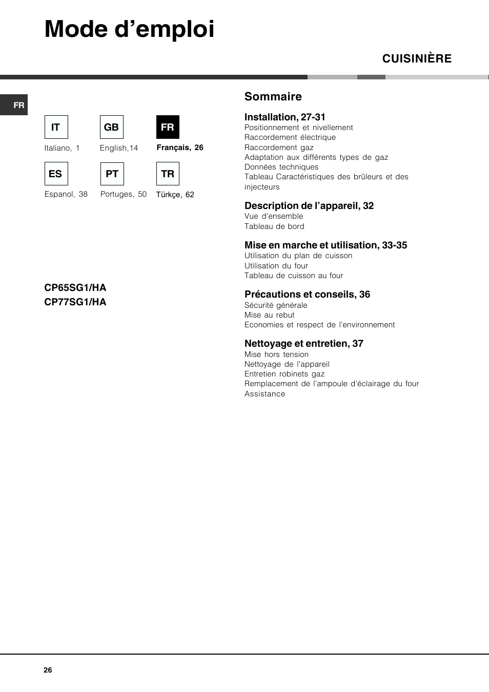 Mode d’emploi, Cuisinière, Sommaire | Hotpoint Ariston CP77SG1-HA User Manual | Page 26 / 76