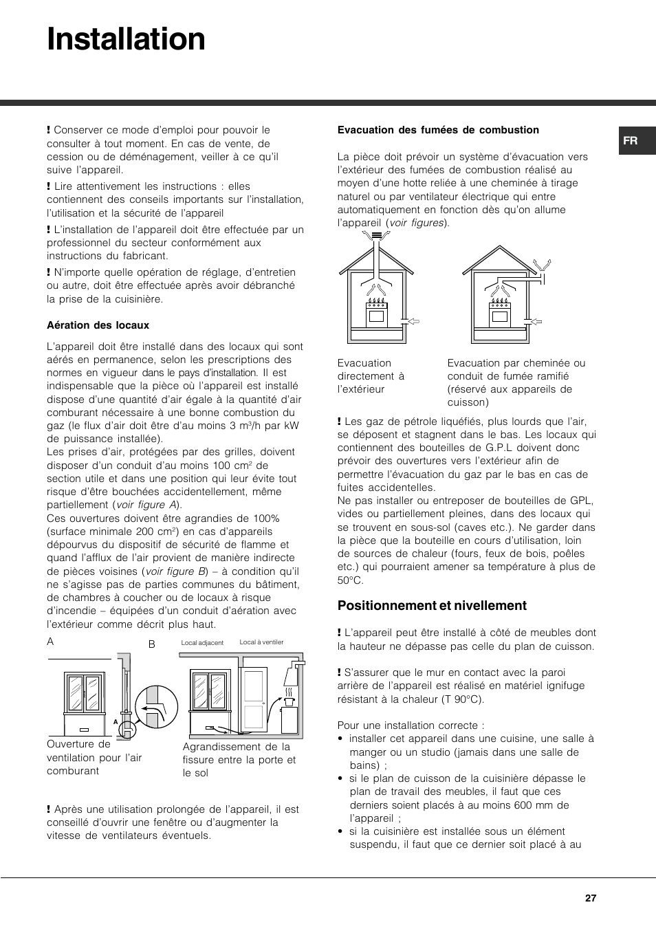 Installation, Positionnement et nivellement | Hotpoint Ariston CP77SG1-HA User Manual | Page 27 / 76