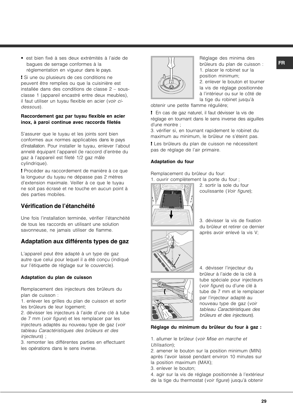 Vérification de l’étanchéité, Adaptation aux différents types de gaz | Hotpoint Ariston CP77SG1-HA User Manual | Page 29 / 76