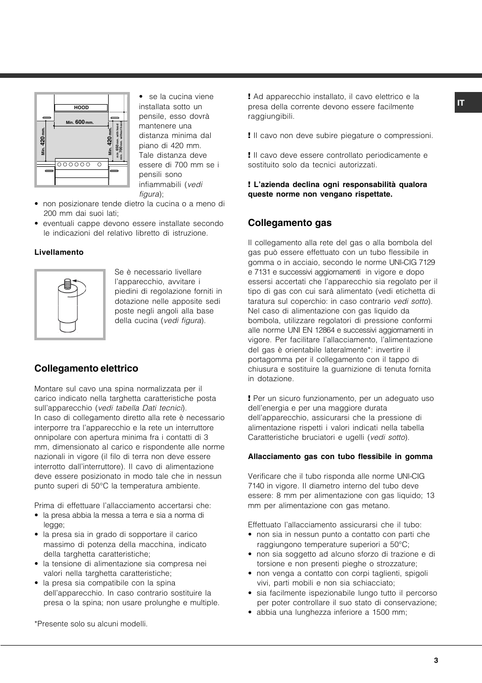 Collegamento elettrico, Collegamento gas | Hotpoint Ariston CP77SG1-HA User Manual | Page 3 / 76
