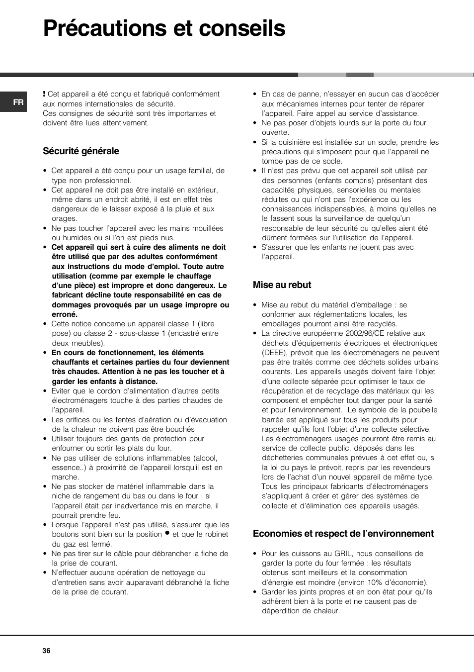 Précautions et conseils | Hotpoint Ariston CP77SG1-HA User Manual | Page 36 / 76