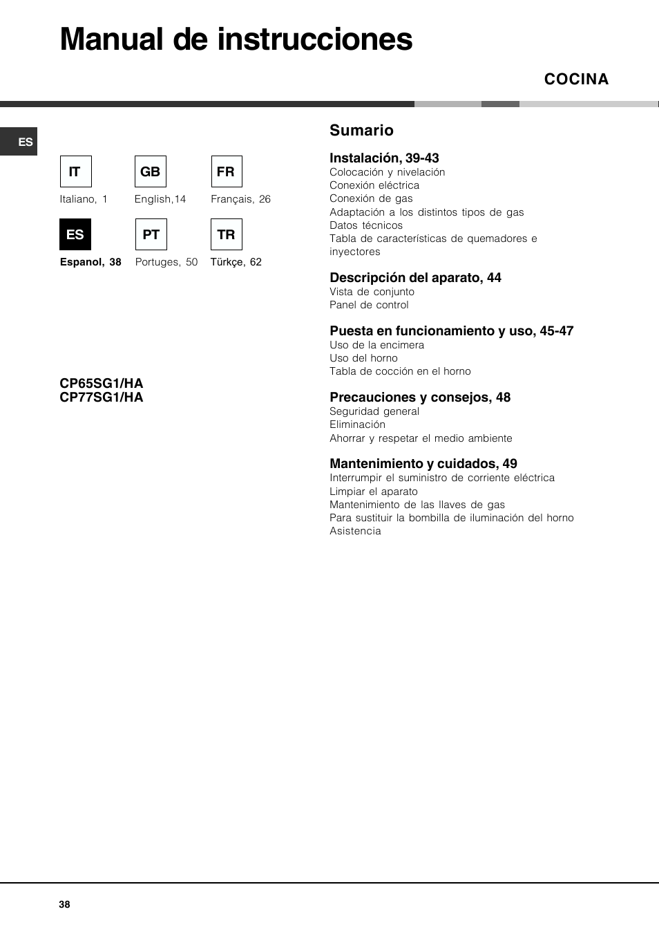 Manual de instrucciones, Cocina, Sumario | Hotpoint Ariston CP77SG1-HA User Manual | Page 38 / 76