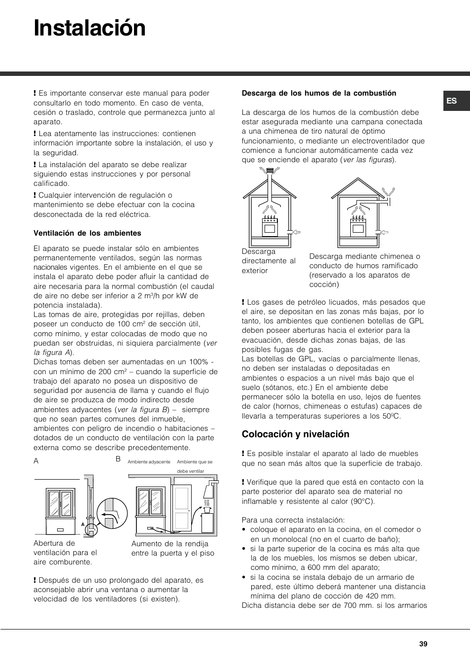 Instalación, Colocación y nivelación | Hotpoint Ariston CP77SG1-HA User Manual | Page 39 / 76