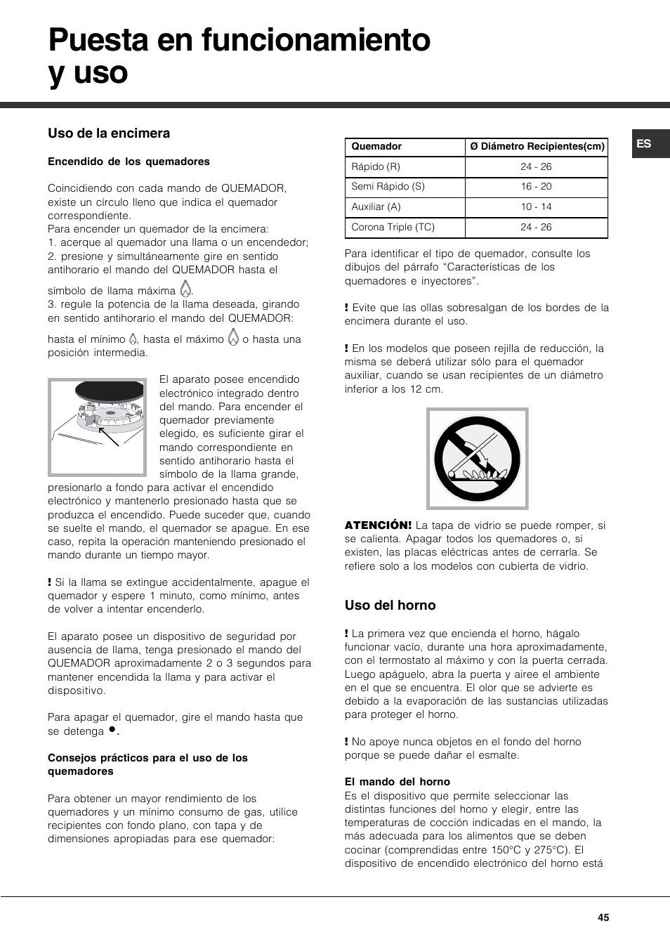 Puesta en funcionamiento y uso | Hotpoint Ariston CP77SG1-HA User Manual | Page 45 / 76