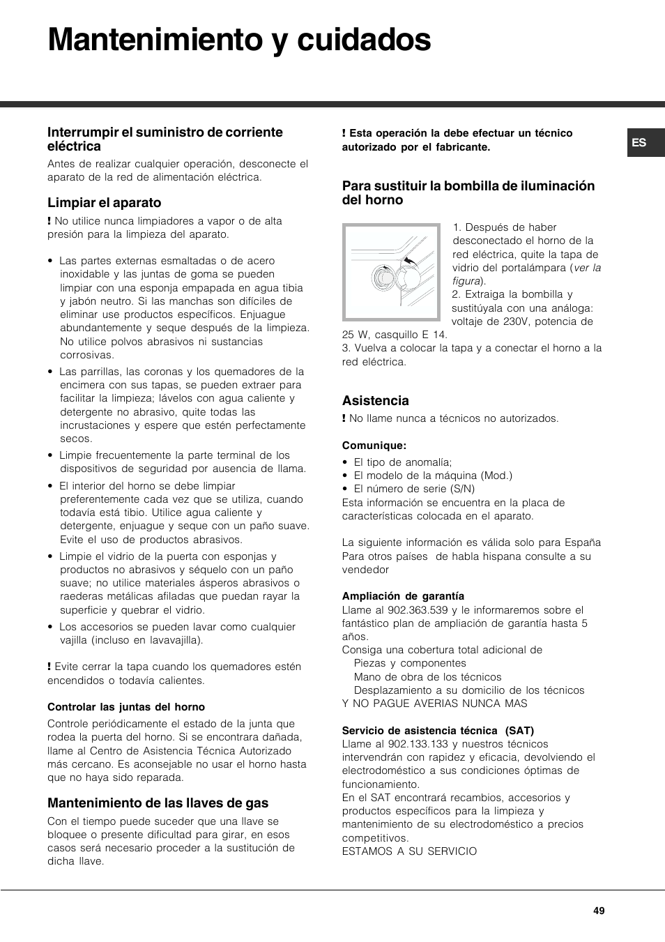 Mantenimiento y cuidados | Hotpoint Ariston CP77SG1-HA User Manual | Page 49 / 76