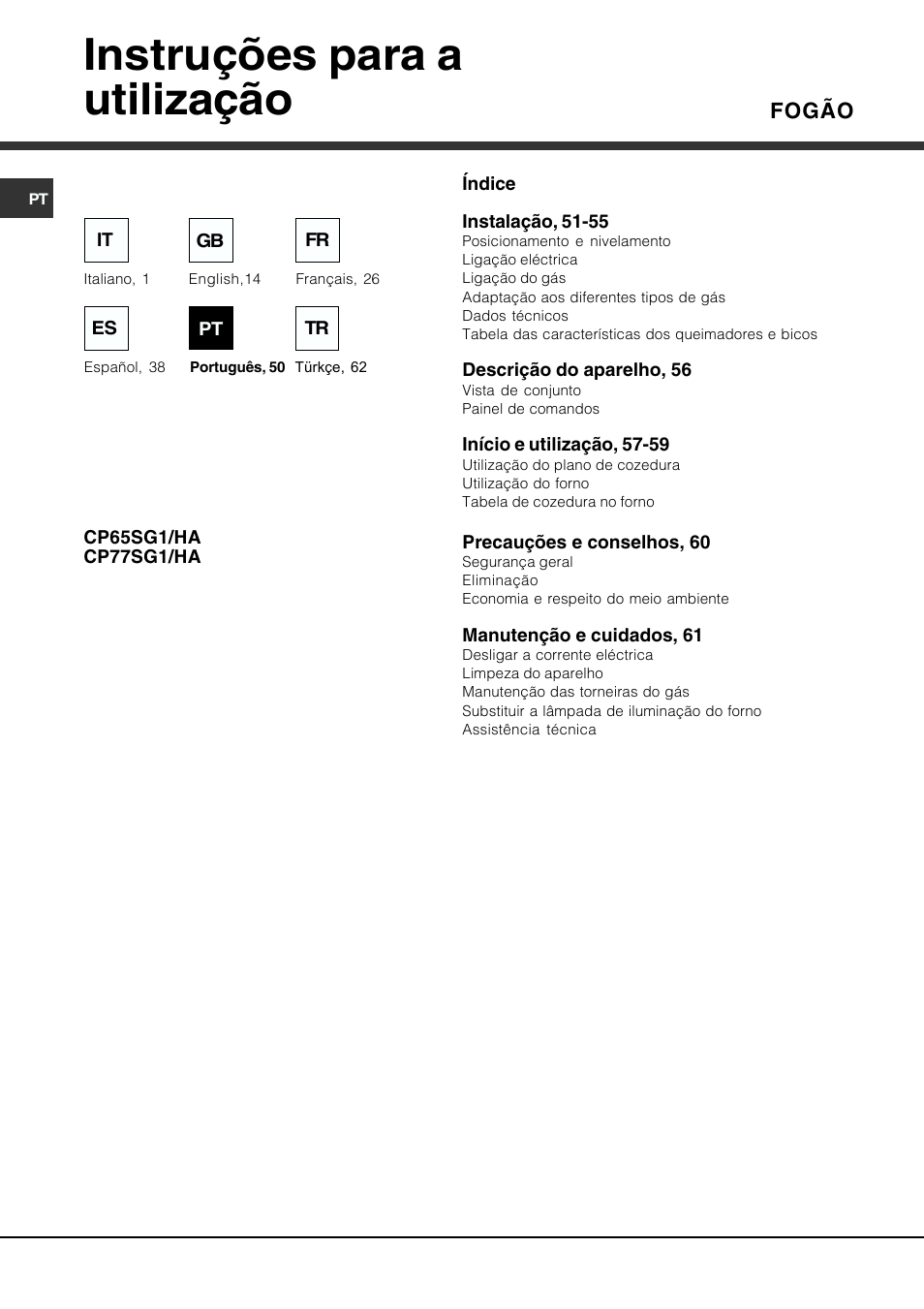 Instruções para a utilização, Fogão | Hotpoint Ariston CP77SG1-HA User Manual | Page 50 / 76