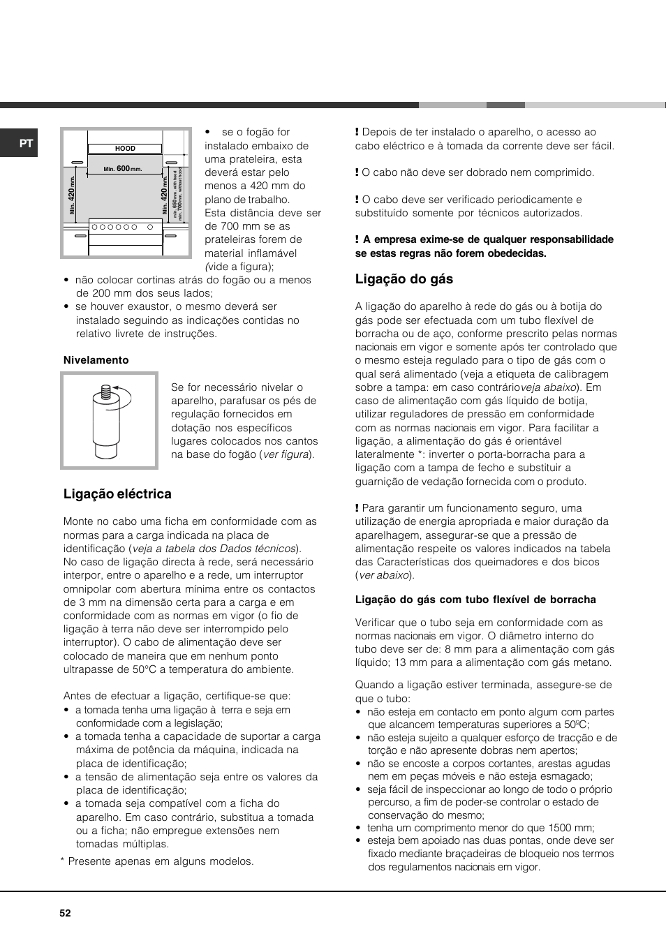 Ligação eléctrica, Ligação do gás | Hotpoint Ariston CP77SG1-HA User Manual | Page 52 / 76