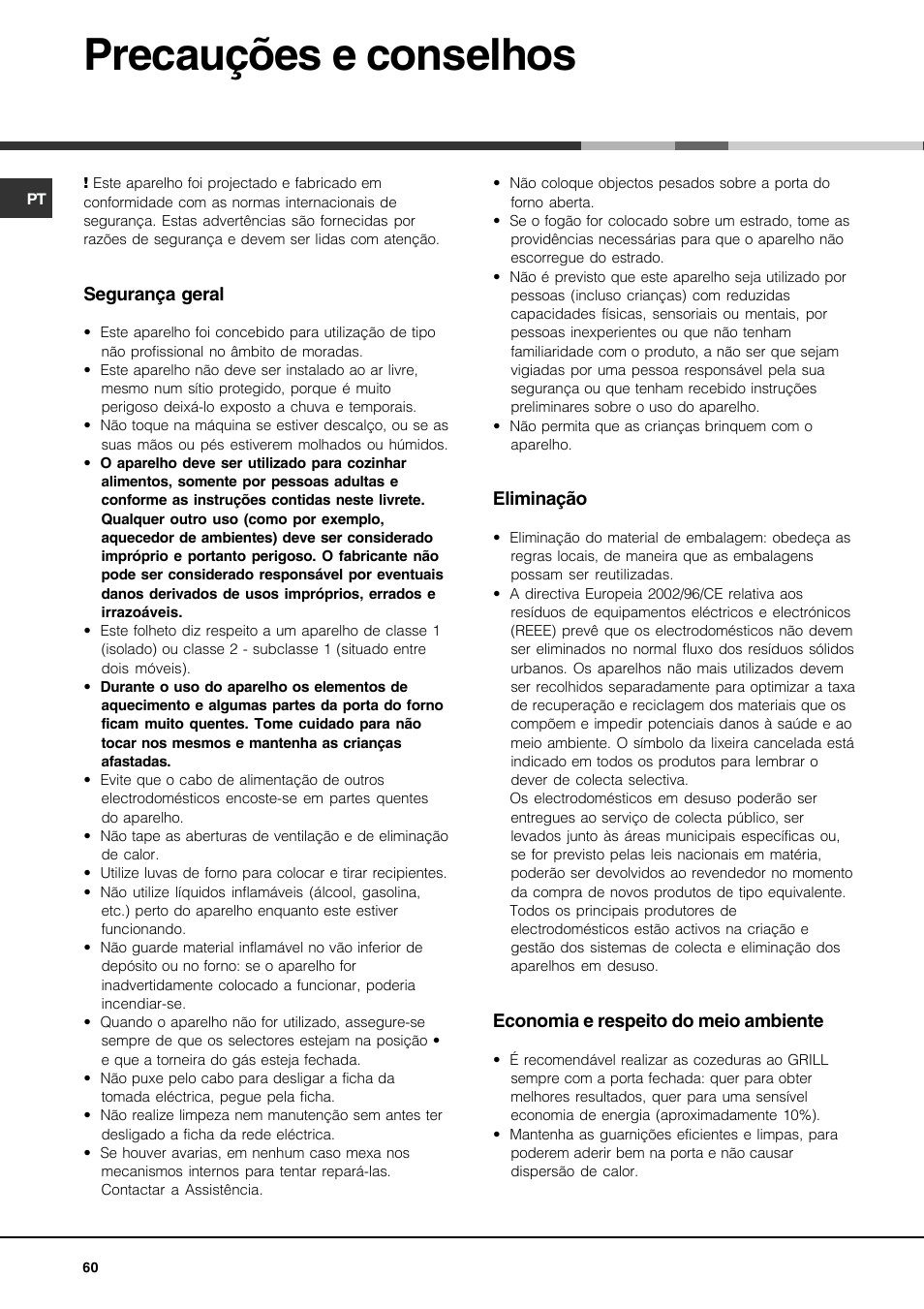 Precauções e conselhos | Hotpoint Ariston CP77SG1-HA User Manual | Page 60 / 76