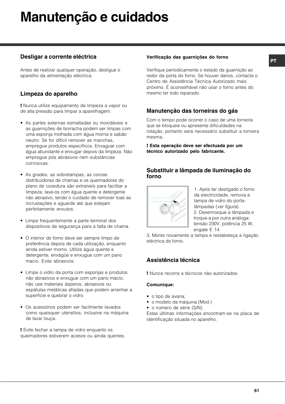 Manutenção e cuidados | Hotpoint Ariston CP77SG1-HA User Manual | Page 61 / 76
