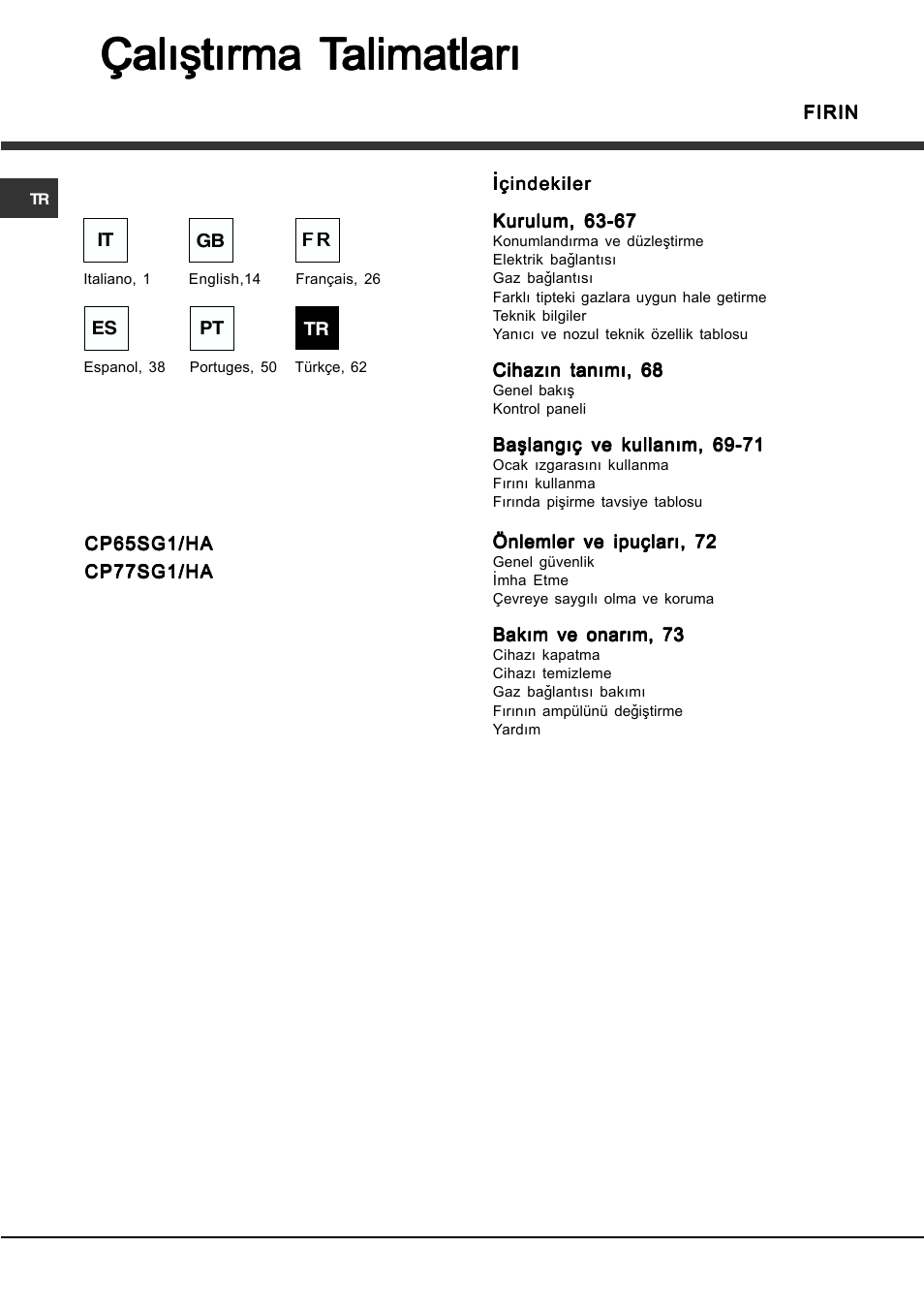 Çalýþtýrma | Hotpoint Ariston CP77SG1-HA User Manual | Page 62 / 76