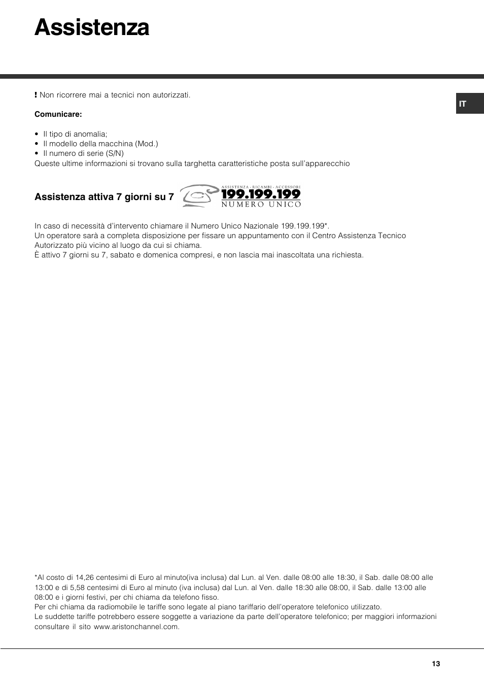Assistenza | Hotpoint Ariston CP77SP2-HA User Manual | Page 13 / 76
