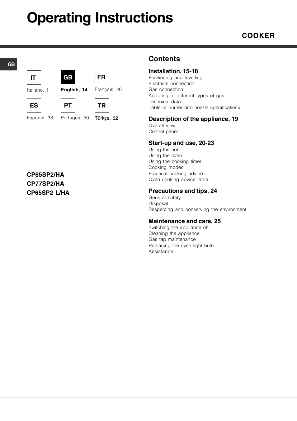 Operating instructions, Cooker contents | Hotpoint Ariston CP77SP2-HA User Manual | Page 14 / 76