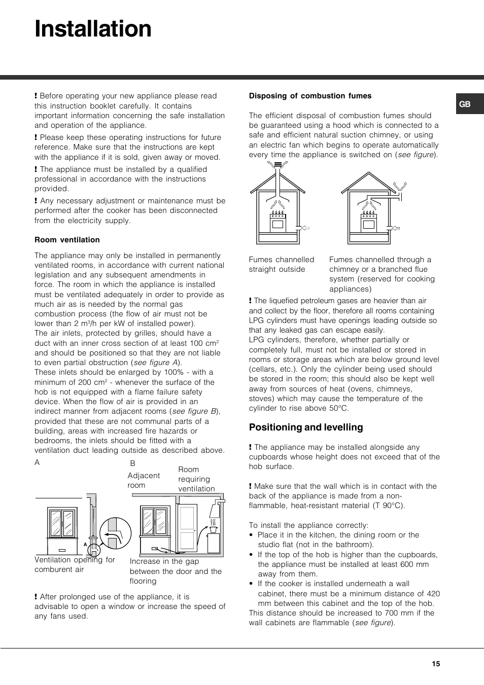 Installation, Positioning and levelling | Hotpoint Ariston CP77SP2-HA User Manual | Page 15 / 76