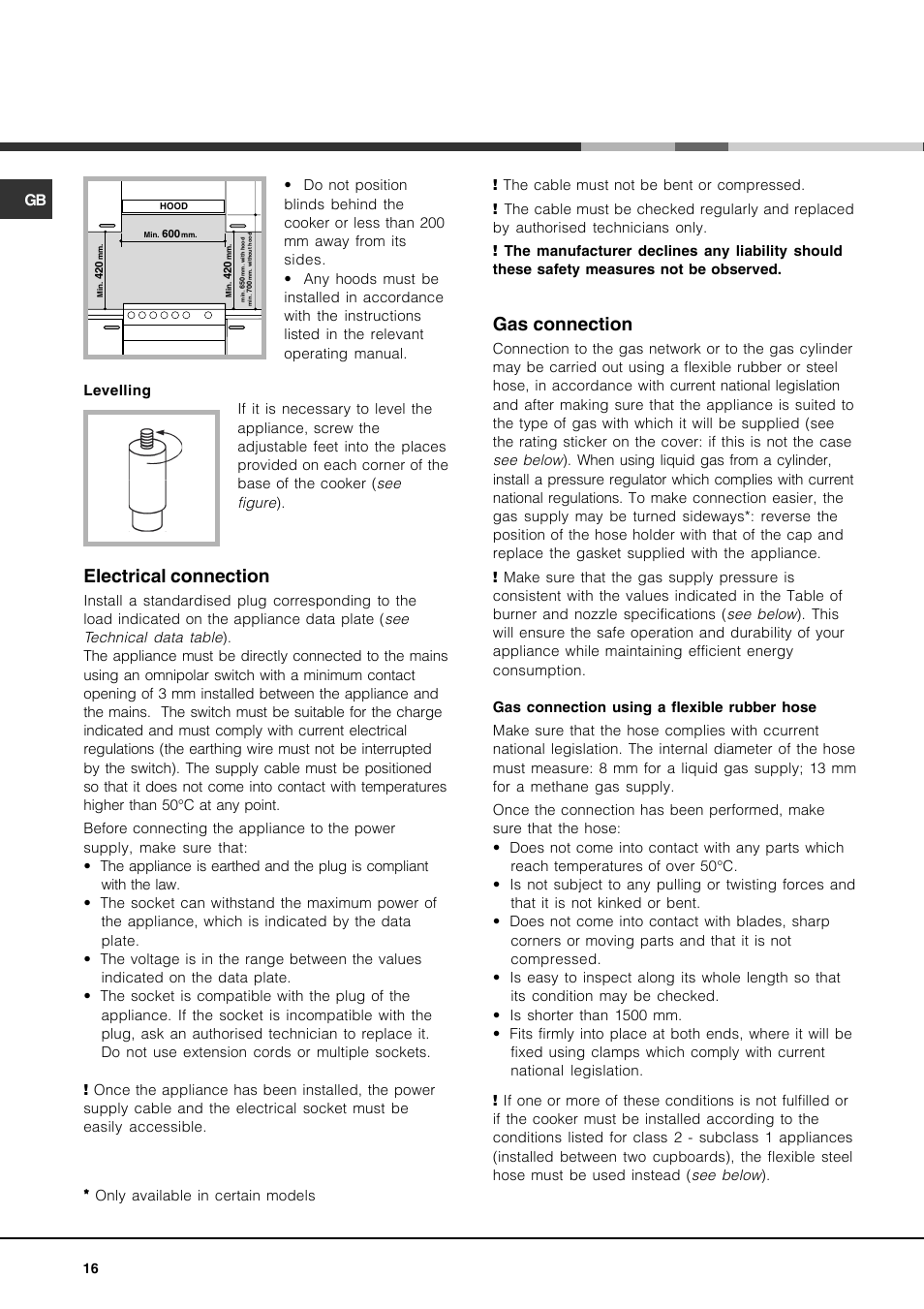 Electrical connection, Gas connection | Hotpoint Ariston CP77SP2-HA User Manual | Page 16 / 76