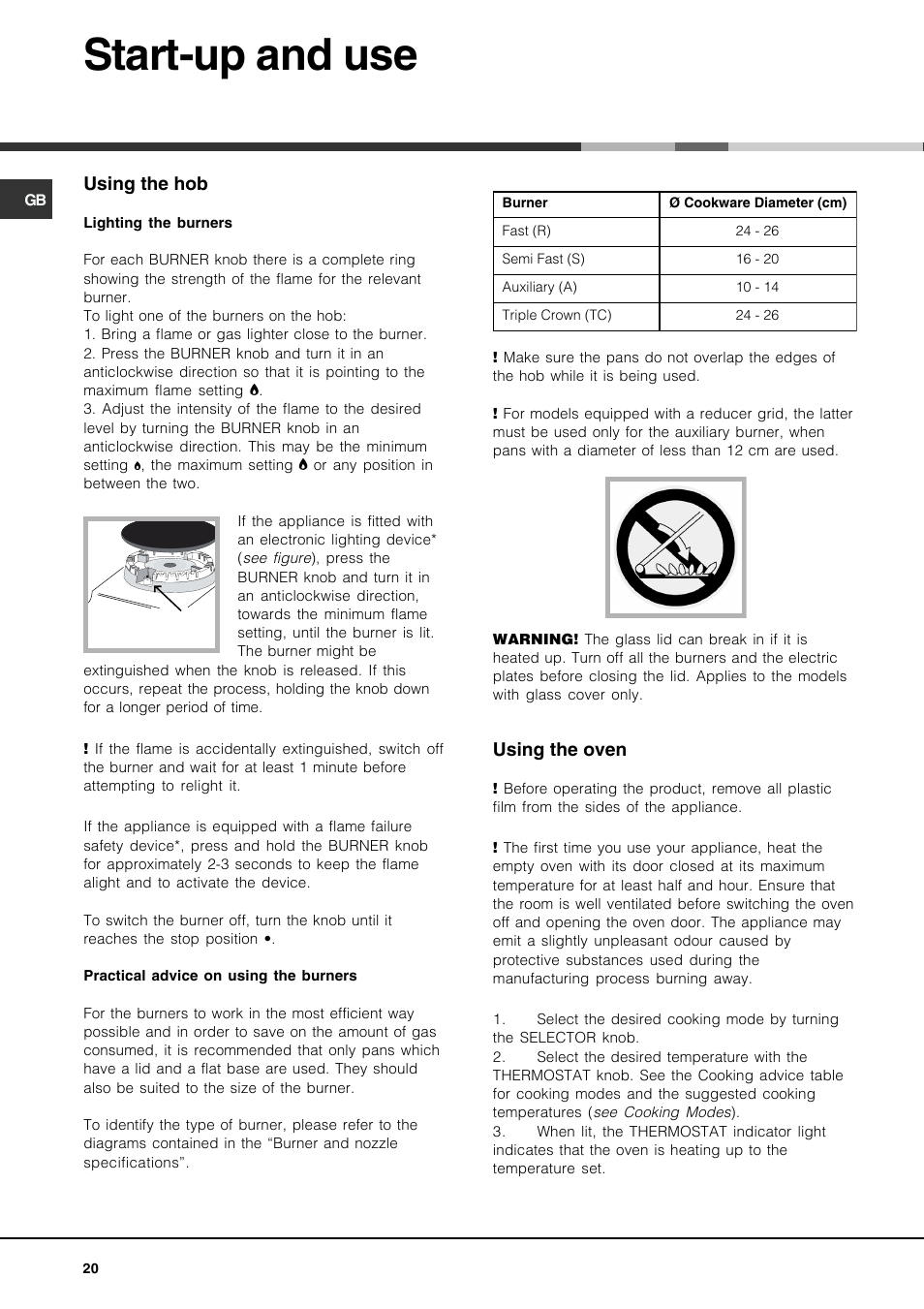 Start-up and use | Hotpoint Ariston CP77SP2-HA User Manual | Page 20 / 76