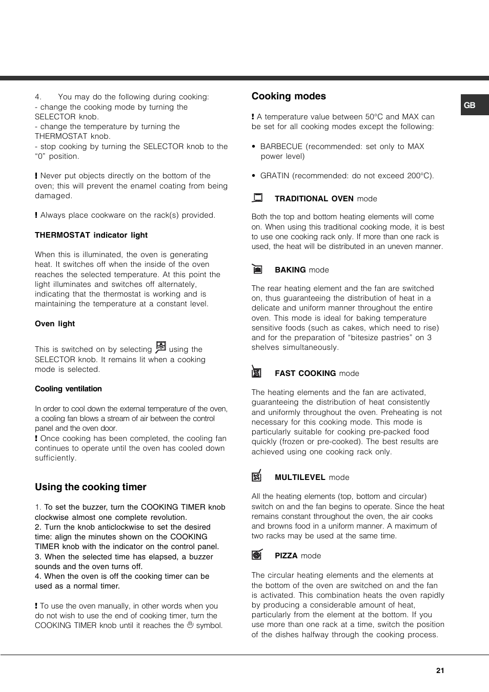 Using the cooking timer, Cooking modes | Hotpoint Ariston CP77SP2-HA User Manual | Page 21 / 76