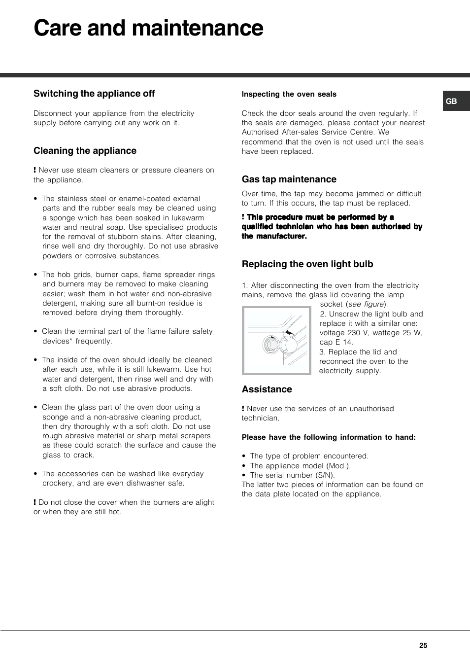 Care and maintenance | Hotpoint Ariston CP77SP2-HA User Manual | Page 25 / 76