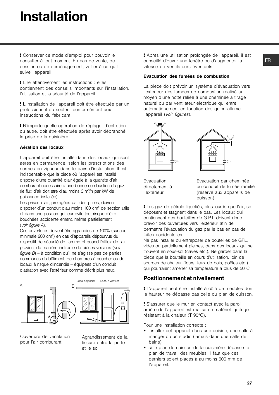 Installation, Positionnement et nivellement | Hotpoint Ariston CP77SP2-HA User Manual | Page 27 / 76