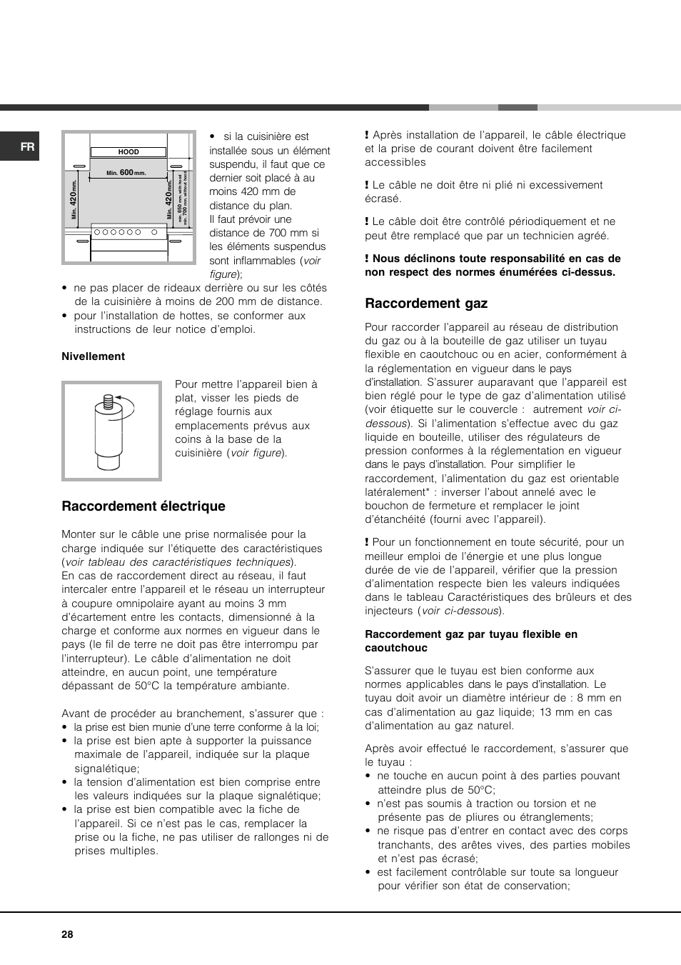Raccordement électrique, Raccordement gaz | Hotpoint Ariston CP77SP2-HA User Manual | Page 28 / 76
