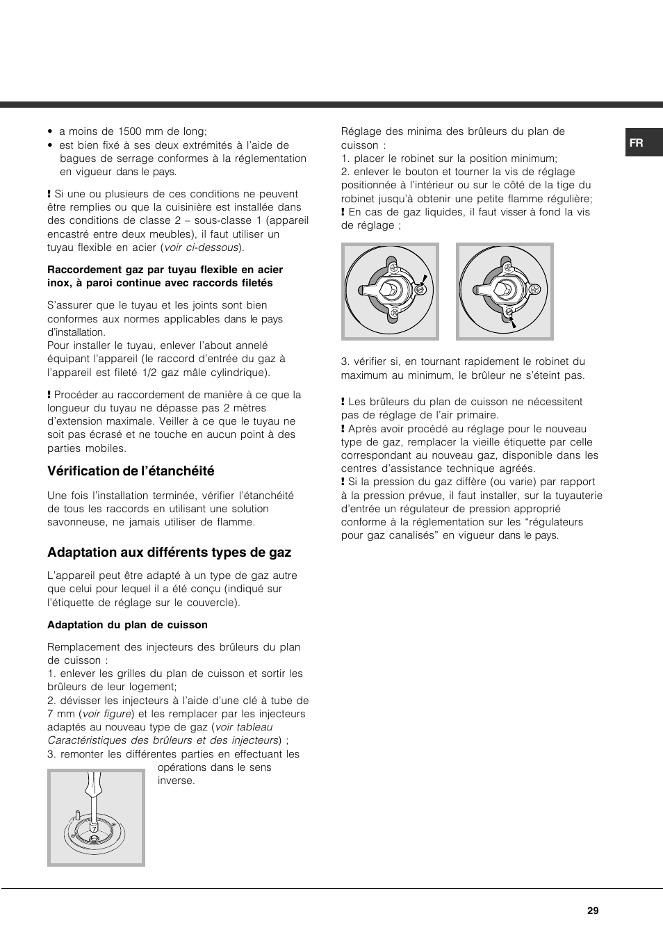 Vérification de l’étanchéité, Adaptation aux différents types de gaz | Hotpoint Ariston CP77SP2-HA User Manual | Page 29 / 76