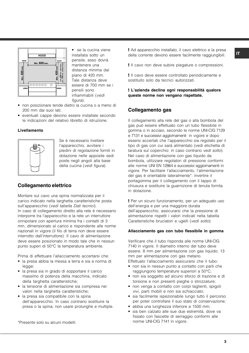 Collegamento elettrico, Collegamento gas | Hotpoint Ariston CP77SP2-HA User Manual | Page 3 / 76