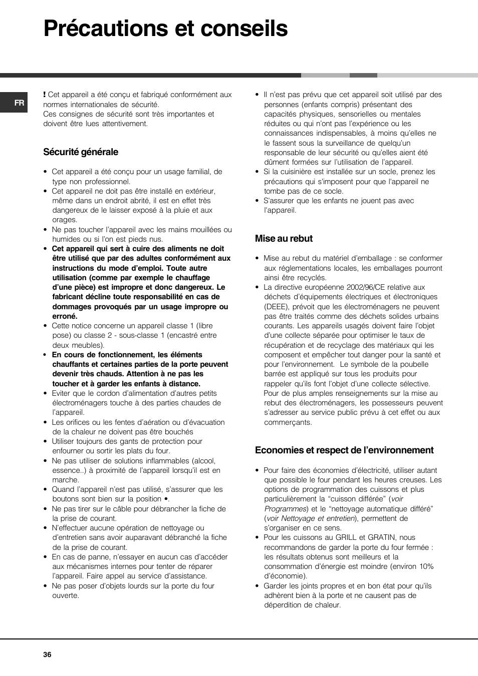 Précautions et conseils | Hotpoint Ariston CP77SP2-HA User Manual | Page 36 / 76
