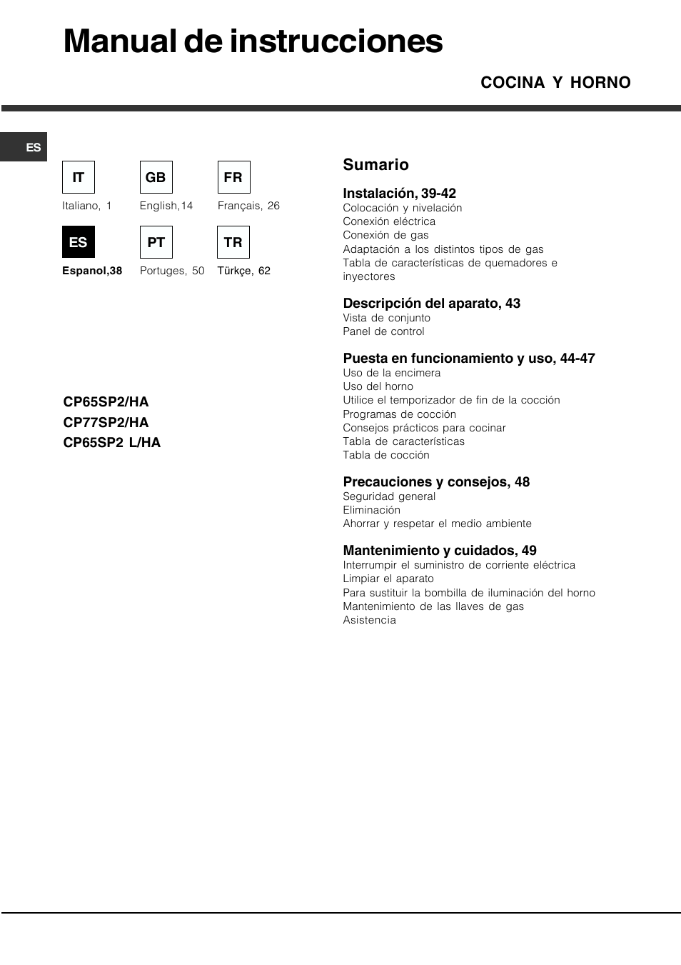 Manual de instrucciones, Cocina y horno, Sumario | Hotpoint Ariston CP77SP2-HA User Manual | Page 38 / 76