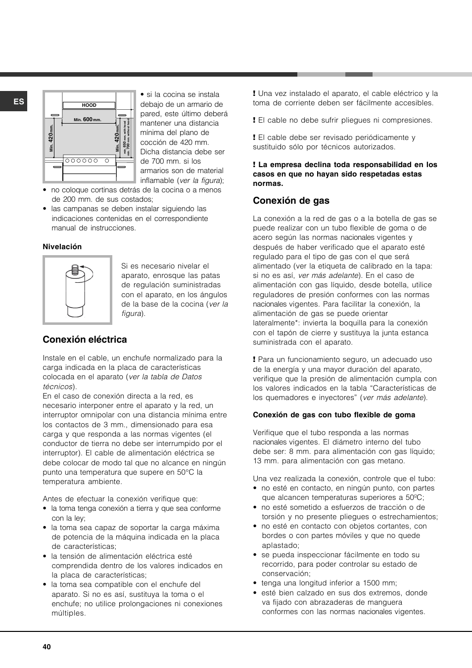 Conexión eléctrica, Conexión de gas | Hotpoint Ariston CP77SP2-HA User Manual | Page 40 / 76
