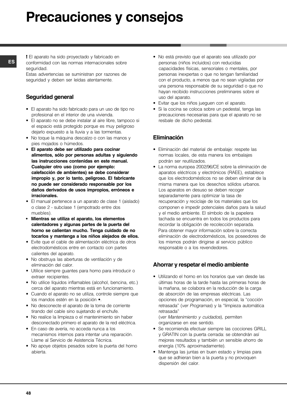 Precauciones y consejos | Hotpoint Ariston CP77SP2-HA User Manual | Page 48 / 76