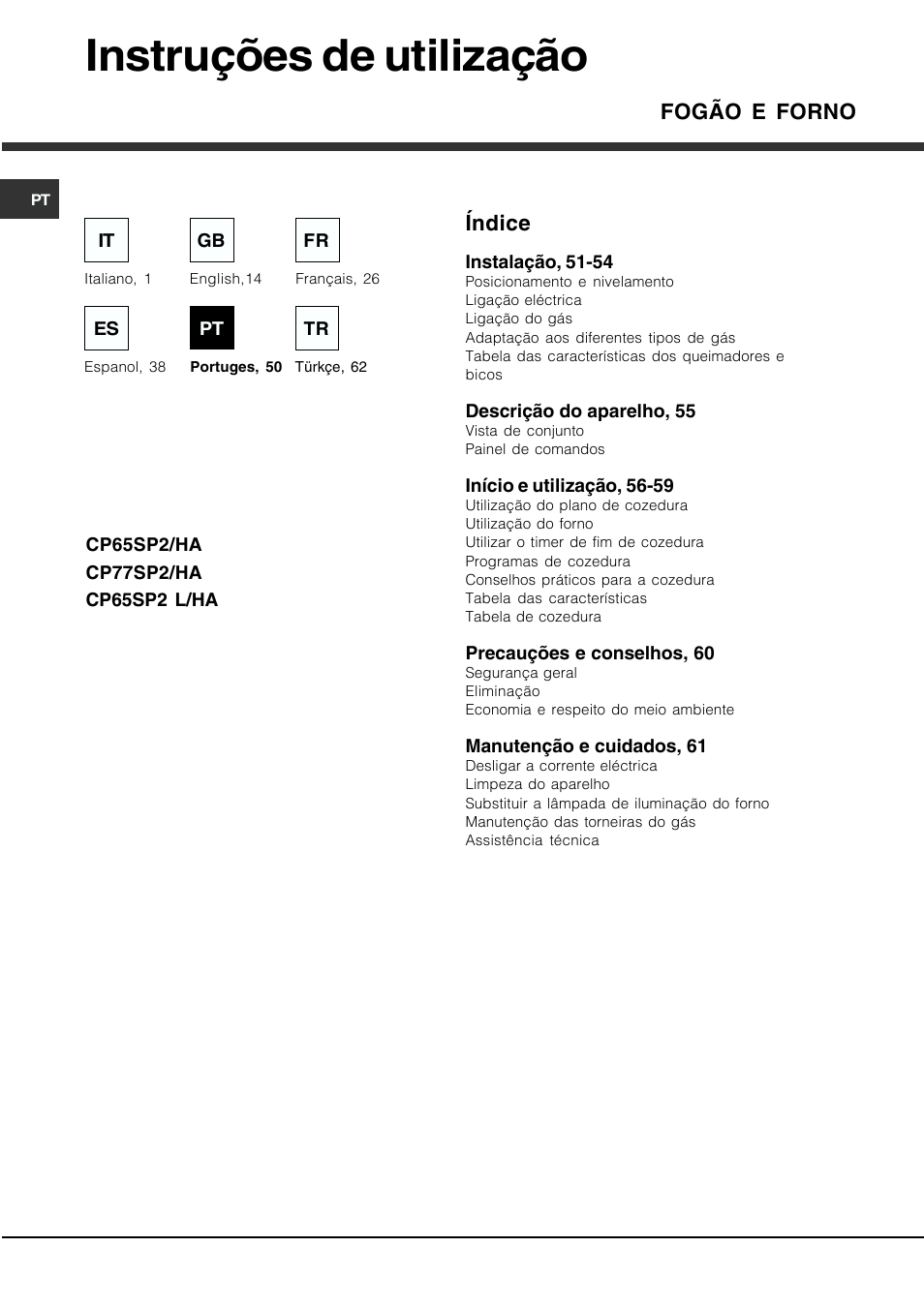 Instruções de utilização, Fogão e forno, Índice | Hotpoint Ariston CP77SP2-HA User Manual | Page 50 / 76