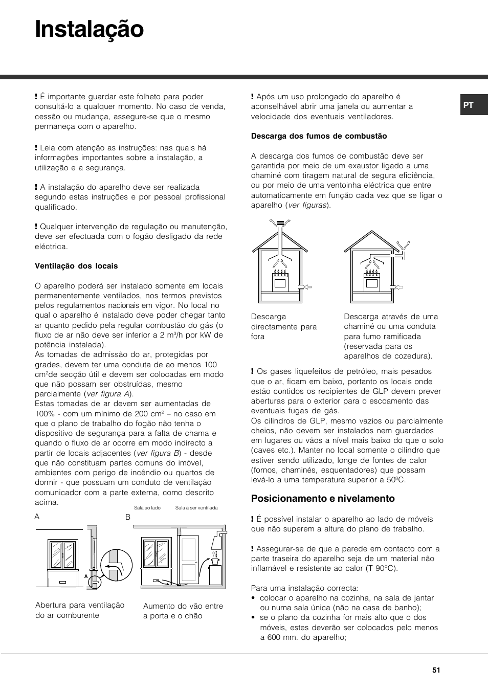 Instalação, Posicionamento e nivelamento | Hotpoint Ariston CP77SP2-HA User Manual | Page 51 / 76