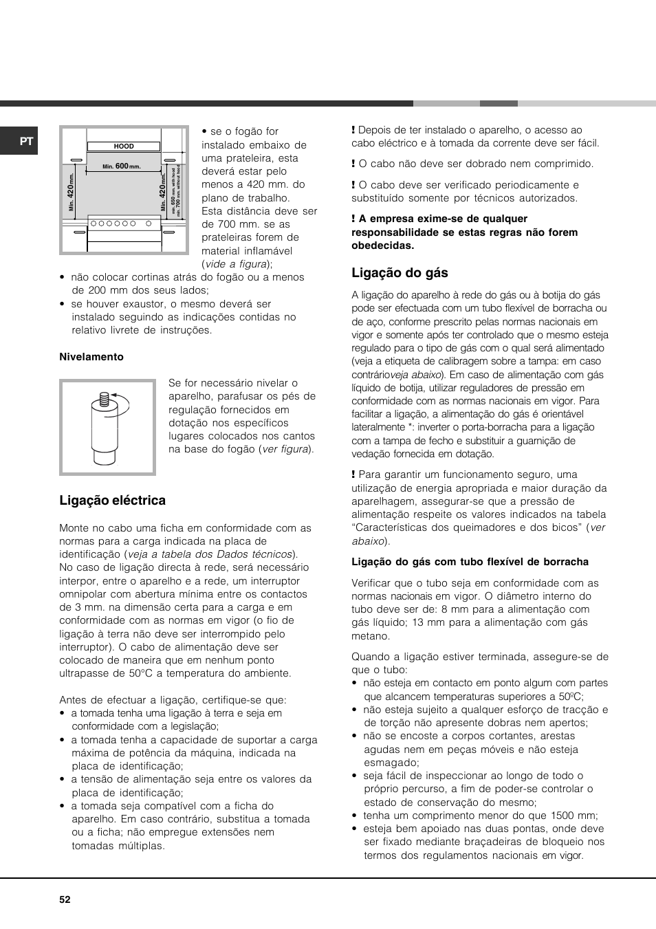 Ligação eléctrica, Ligação do gás | Hotpoint Ariston CP77SP2-HA User Manual | Page 52 / 76